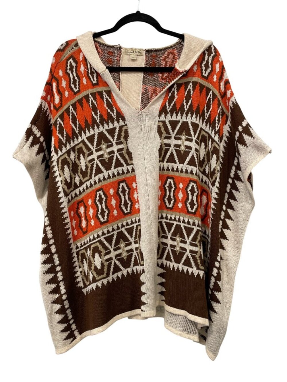 One World Poncho Small Hippie Boho Hooded Aztec Boho Earthy Neutral